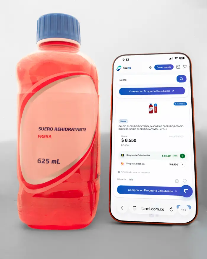 Farmi mostrando el precio de suero rehidratante en varias farmacias