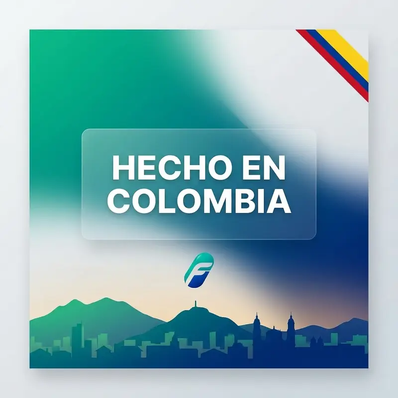 Sello Hecho en Colombia con la bandera y el skyline de una ciudad colombiana